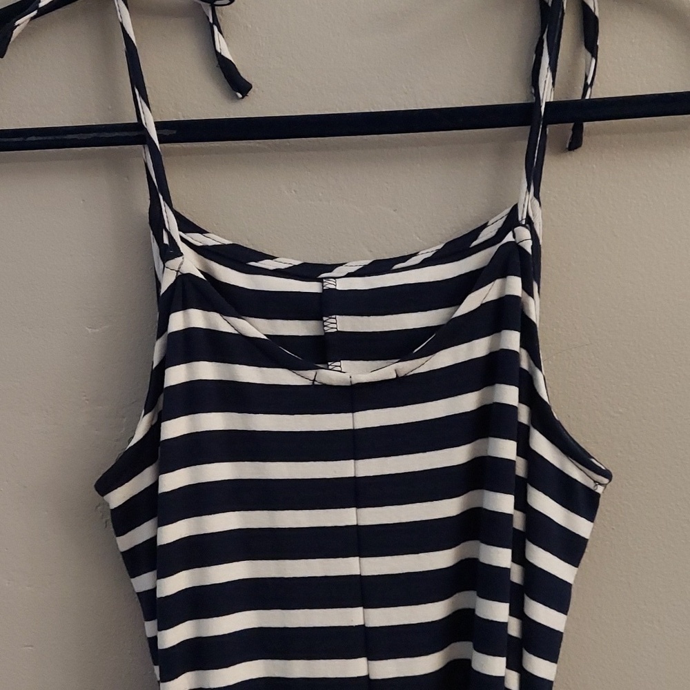 MONTEAU Navy and White Striped Sleeveless Jumper With Waist Sash - Picture 7 of 11